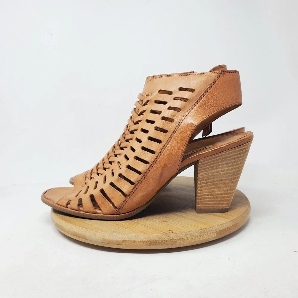Paul Green Rosa Ankle Booties Womens 10.5 Brown Leather Woven Open Back Shoes‎